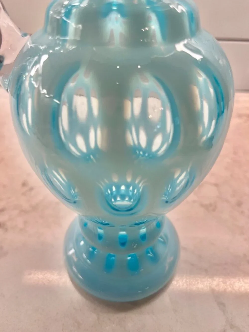 Vintage Fenton Art Glass Pitcher/Ewer in the Coin Dot Blue Opalescent Pattern